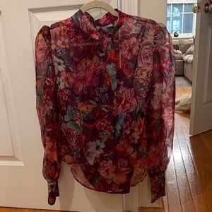 Anthropologie Floral Sheer Blouse with Bow at Back Neck